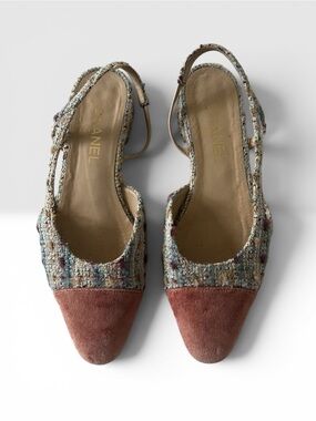 CHANEL Multicolor Tweed and Blush Orange Velvet Cap Toe Slingback Flats Size 39